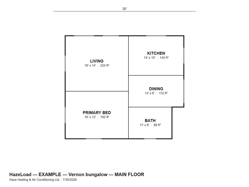 A floor plan drawn in HazeLoad with supply trunk, branch runs and registers laid over the rooms